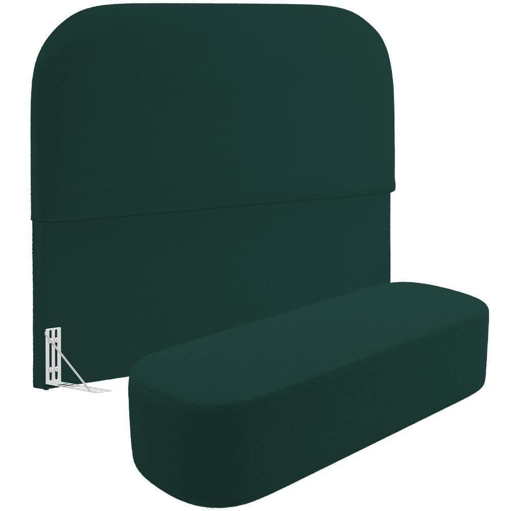 Cabeceira Cama Box King 195cm Lanna Com Puff Recamier Doha W01 Bouclê Verde - Lyam Decor