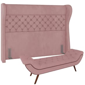 Kit Cabeceira Cama Box Casal 195cm Madrid Com Puff Recamier Santorini Veludo Rosê