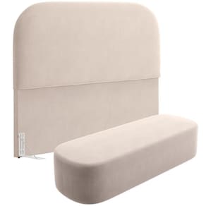 Cabeceira Cama Box Casal 140cm Lanna Com Puff Recamier Doha W01 Suede Bege - Lyam Decor