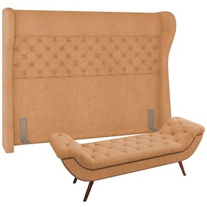 Kit Cabeceira Cama Box Casal 140cm Madrid Com Puff Recamier Santorini Bouclê Mostarda