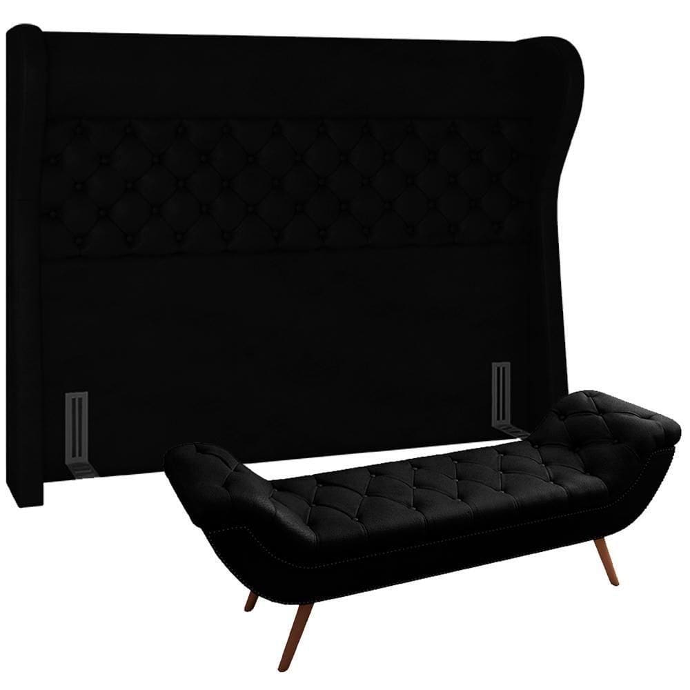Kit Cabeceira Cama Box Casal 140cm Madrid Com Puff Recamier Santorini Couríssimo Preto