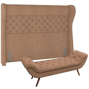 Kit Cabeceira Cama Box Casal 140cm Madrid Com Puff Recamier Santorini Bouclê Bege