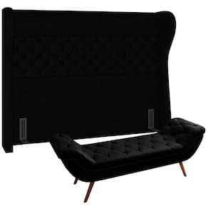 Kit Cabeceira Cama Box Casal 195cm Madrid Com Puff Recamier Santorini Couríssimo Preto