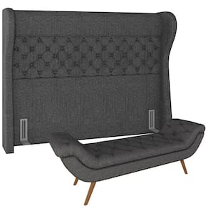 Kit Cabeceira Cama Box Casal 140cm Madrid Com Puff Recamier Santorini Linho Chumbo