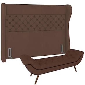 Kit Cabeceira Cama Box Casal 195cm Madrid Com Puff Recamier Santorini Veludo Marrom