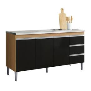Balcão Gabinete Para Pia Andreia Com Tampo 160cm 3 Portas 3 Gavetas Amendoa - Pt - Ajl Móveis