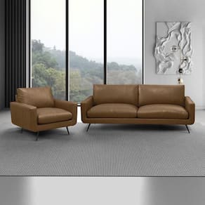 Conjunto Sala De Estar Paloma 1 Sofá 2 Lugares 183cm 1 Poltrona Couro Marrom Claro Manchado
