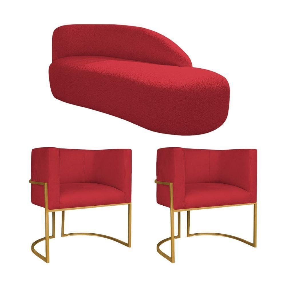 Kit Divã Luna 160cm Lado Direito E 02 Poltronas Base De Ferro Dourado Suede Vermelho