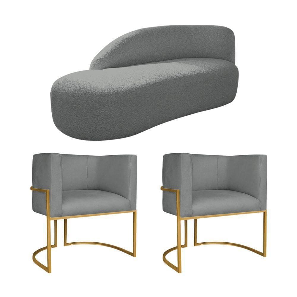 Kit Divã Luna 185cm Lado Esquerdo E 02 Poltronas Base De Ferro Dourado Suede Cinza