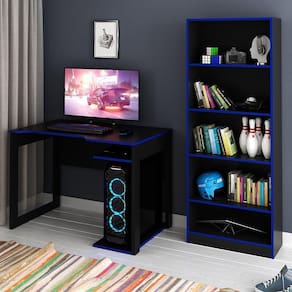 Mesa E Armário Para Escritório Cool Mdp Preto/Azul