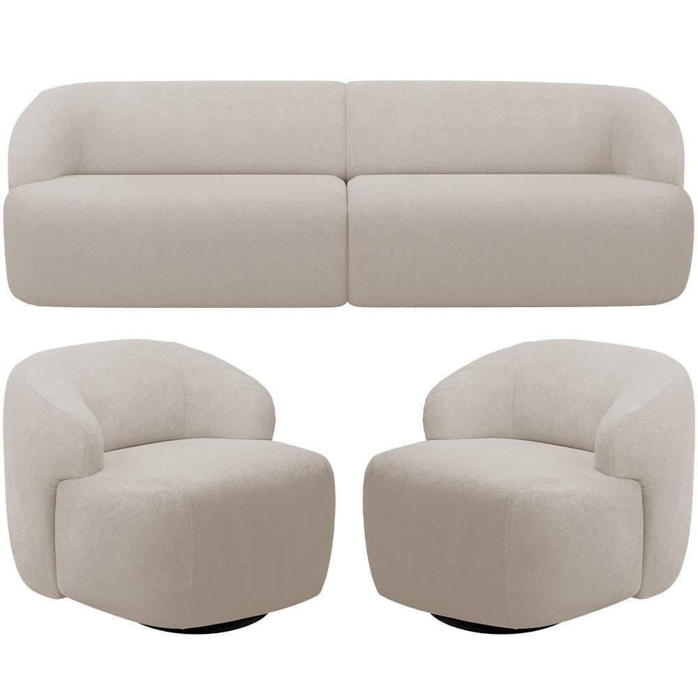 Sofá 3 Lugares Curvo Orgânico Com 02 Poltronas Living 250cm Barolo L06 Bouclê Bege