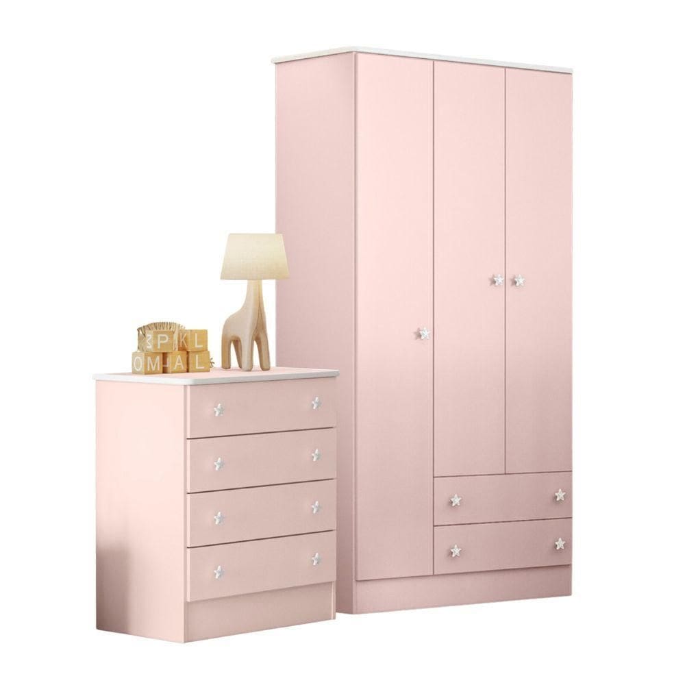 Guarda Roupa Com 3 Portas E Cômoda Hamilton Rosa Acetinado