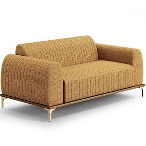 Sofá 3 Lugares Molino 180cm D02 Base Castanho Pés D`ouro Bouclê Mostarda Pb-03