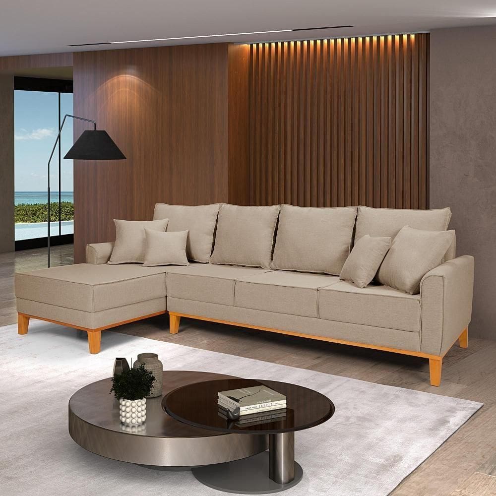 Sofá Living 4 Lugares Beny Com Chaise Lado Esquerdo Linho Império Bege 201