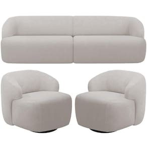 Sofá 3 Lugares Curvo Orgânico Com 02 Poltronas Living 220cm Barolo L06 Bouclê Cinza