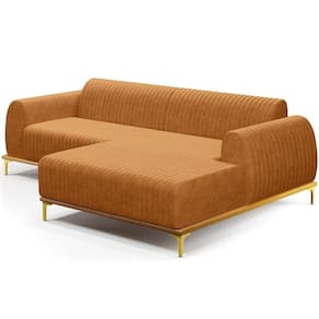 Sofá 3 Lugares Chaise Direito Sala Molino 230cm D02 Pés de ouro Couríssimo Whisky B-90