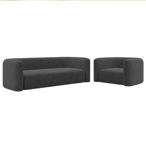 Kit Sofá 3 Lugares 200cm E Poltrona Orgânica Luxo Recepção Melina Linho Cinza Escuro