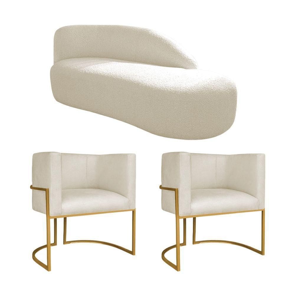 Kit Divã Luna 140cm Lado Direito E 02 Poltronas Base De Ferro Dourado Linho Bege