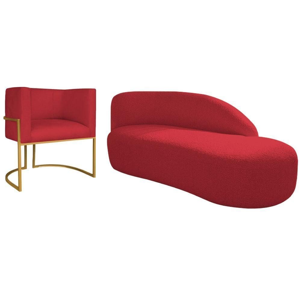 Kit Divã Luna 140cm Lado Direito E 01 Poltrona Base De Ferro Dourado Suede Vermelho