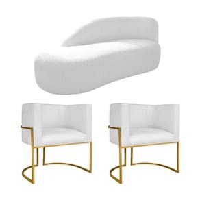 Kit Divã Luna 140cm Lado Esquerdo E 02 Poltronas Base De Ferro Dourado Suede Branco
