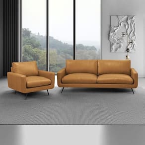 Conjunto Sala De Estar Paloma 1 Sofá 2 Lugares 183cm 1 Poltrona Couro Caramelo Manchado