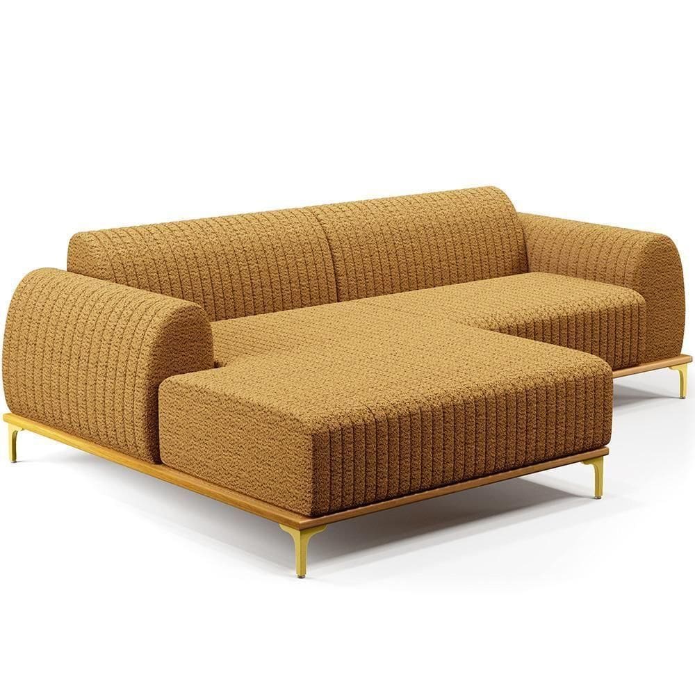 Sofá 4 Lugares Chaise Esquerdo Sala Molino 265cm D02 Pés de ouro  Bouclê Mostarda