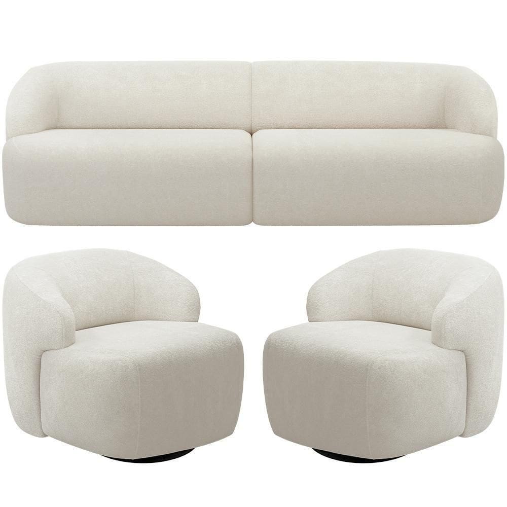 Sofá 3 Lugares Curvo Orgânico Com 02 Poltronas Living 220cm Barolo L06 Bouclê Off White