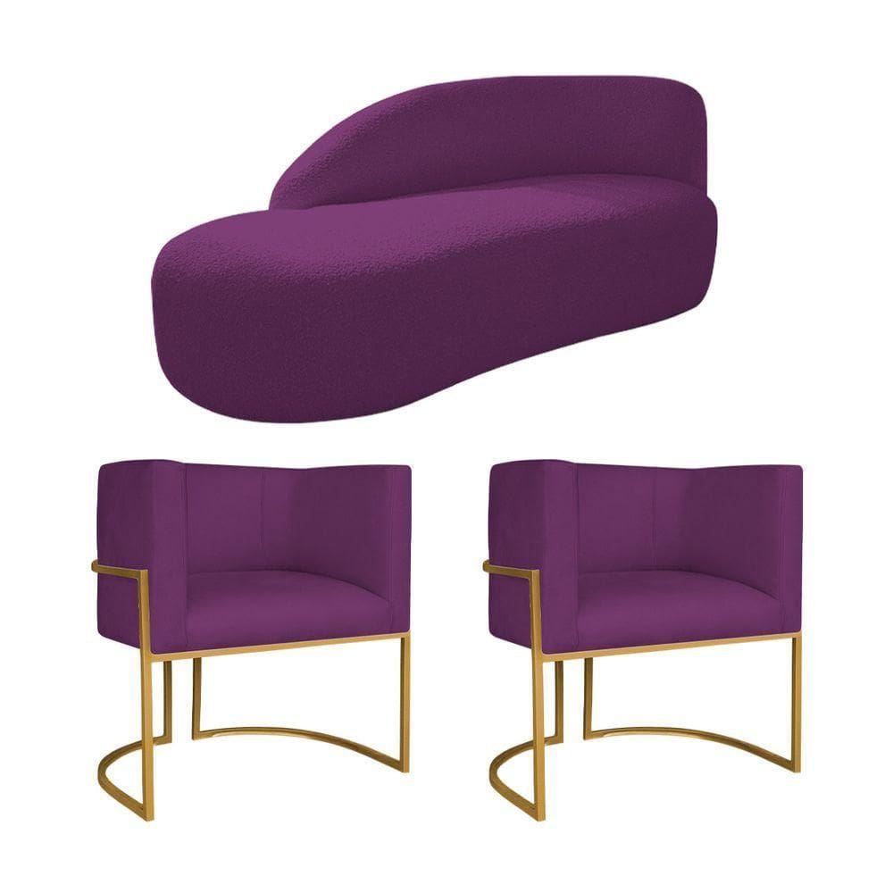 Kit Divã Luna 140cm Lado Esquerdo E 02 Poltronas Base De Ferro Dourado Suede Roxo