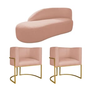 Kit Divã Luna 185cm Lado Esquerdo E 02 Poltronas Base De Ferro Dourado Suede Rosê