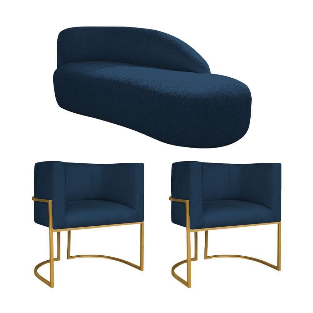 Kit Divã Luna 160cm Lado Direito E 02 Poltronas Base De Ferro Dourado Suede Azul Marinho