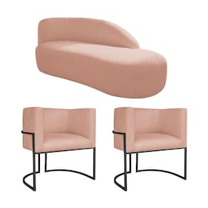 Kit Divã Luna 160cm Lado Direito E 02 Poltronas Base De Ferro Preto Suede Rosê