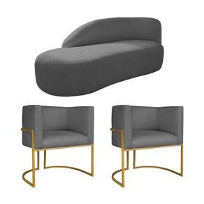 Kit Divã Luna 185cm Lado Esquerdo E 02 Poltronas Base De Ferro Dourado Linho Cinza Escuro