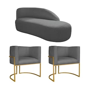 Kit Divã Luna 185cm Lado Direito E 02 Poltronas Base De Ferro Dourado Linho Cinza Escuro