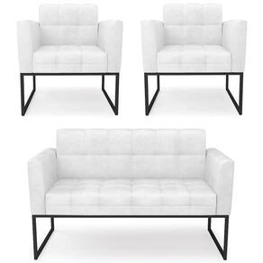 Sofá Namoradeira E 2 Poltronas Base Industrial Preto Ana Sintético Pu Branco