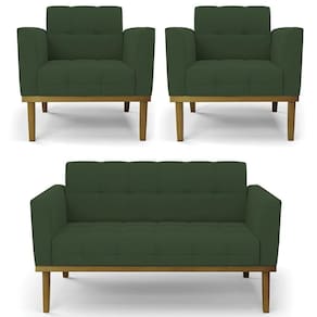 Sofá Namoradeira E 2 Poltronas Base Madeira Castanho Ana Veludo Verde