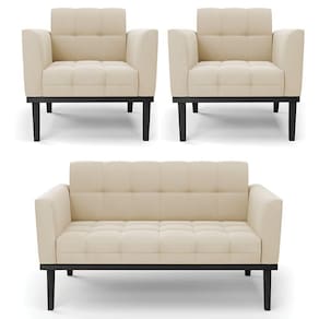 Sofá Namoradeira E 2 Poltronas Base Madeira Preto Ana Suede Bege