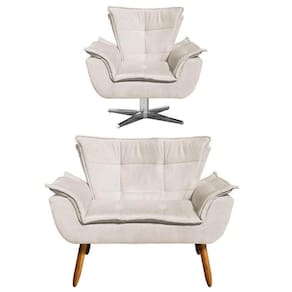 Kit Namoradeira 2 Lugares E 1 Poltrona Decorativa Giratória Cromada Opla Suede Bege