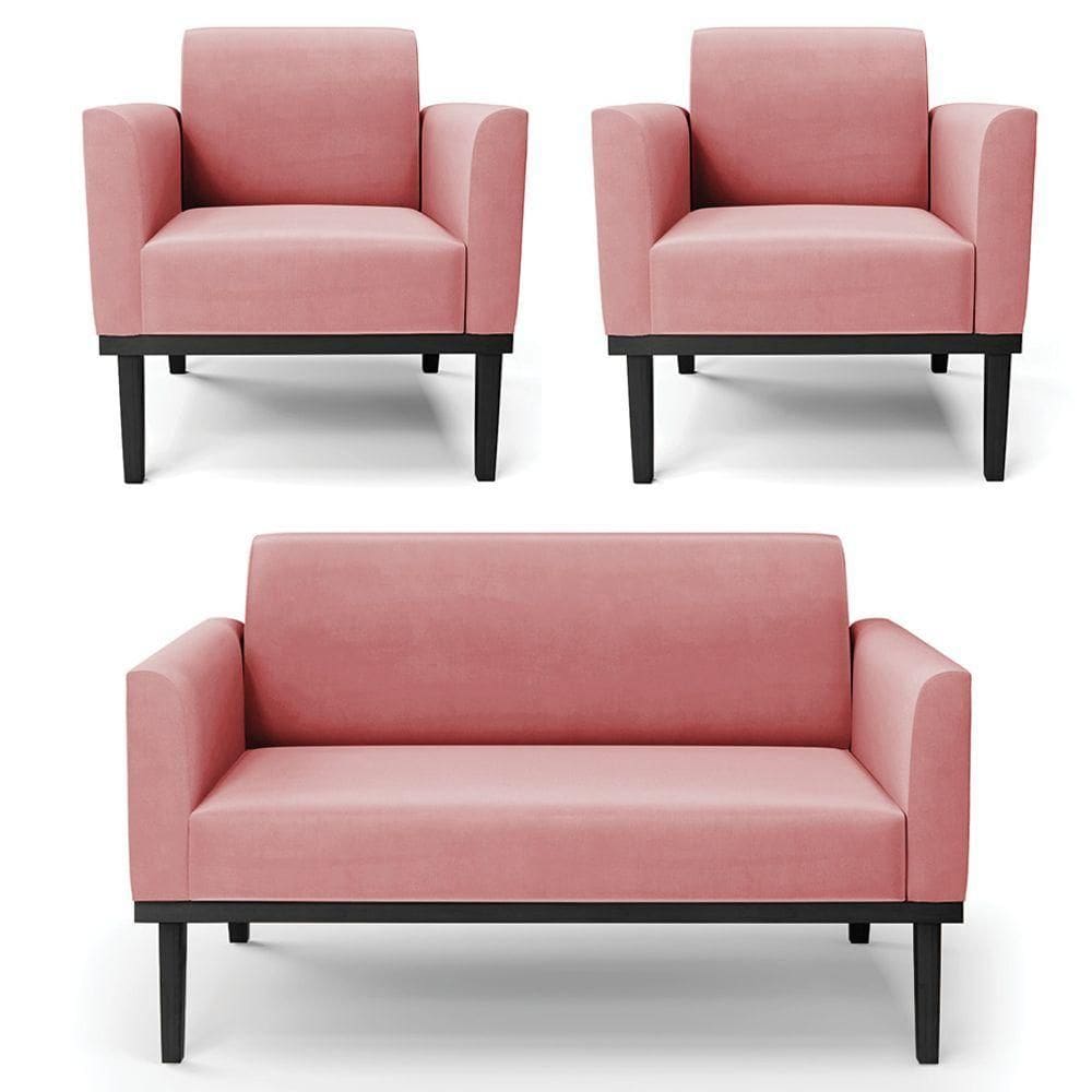 Sofá Namoradeira E 2 Poltronas Base Madeira Preto Maressa Suede Rosê