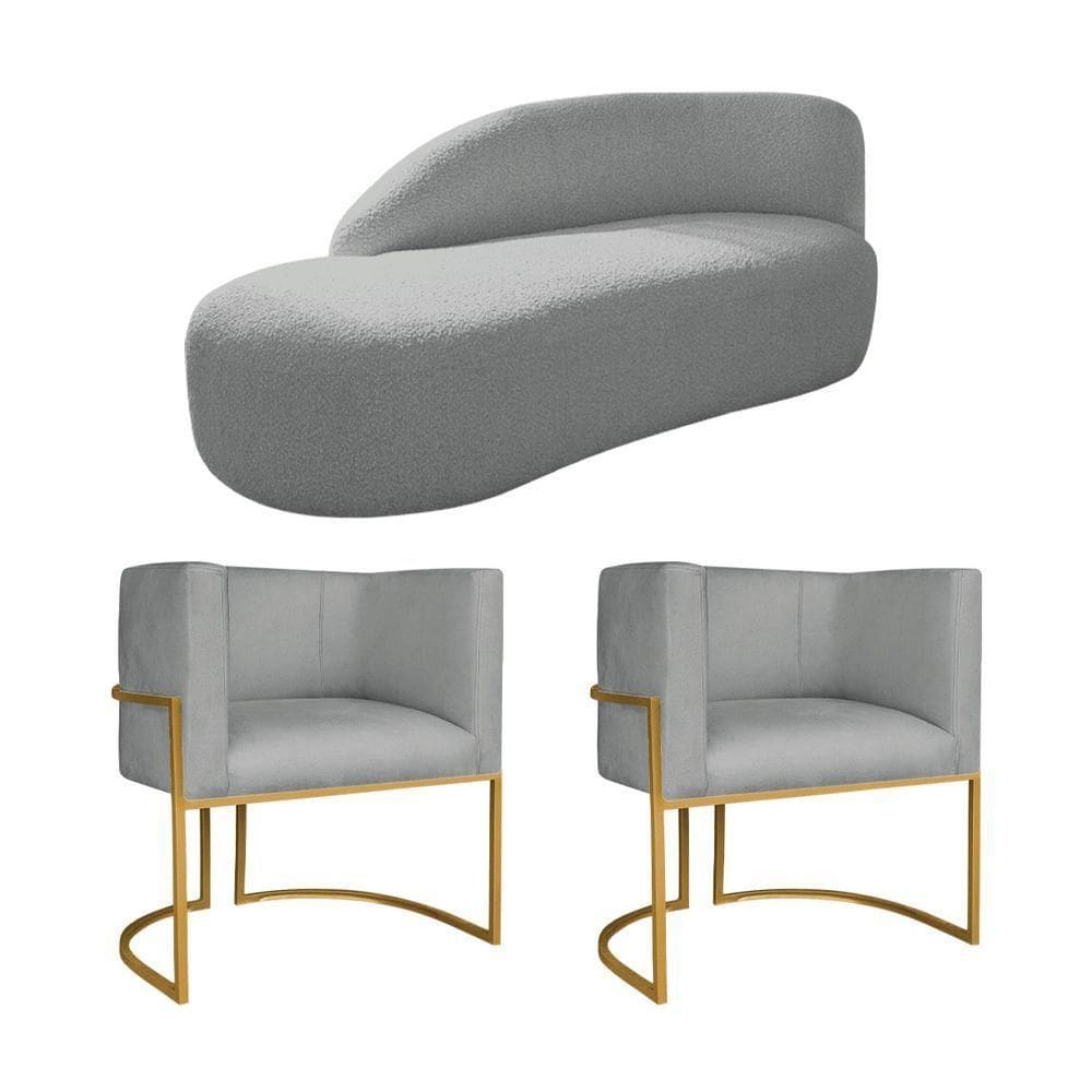 Kit Divã Luna 185cm Lado Esquerdo E 02 Poltronas Base De Ferro Dourado Bouclé Cinza