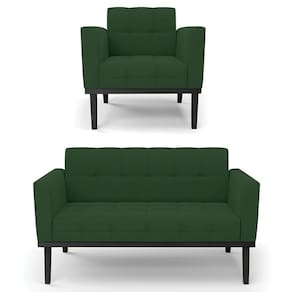 Sofá Namoradeira E 1 Poltrona Base Madeira Preto Ana Veludo Verde