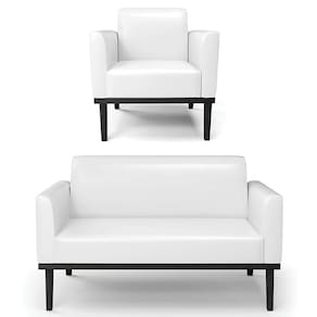 Sofá Namoradeira E 1 Poltrona Base Madeira Preto Maressa Sintético Pu Branco