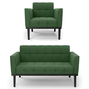 Sofá Namoradeira E 1 Poltrona Base Madeira Preto Ana Suede Verde