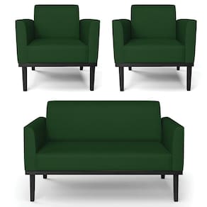 Sofá Namoradeira E 2 Poltronas Base Madeira Preto Maressa Veludo Luxo Verde