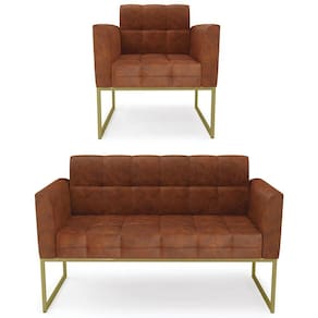 Sofá Namoradeira E 1 Poltrona Base Industrial Dourado Ana Sintético Pu Nozes