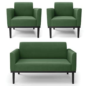 Sofá Namoradeira E 2 Poltronas Base Madeira Preto Maressa Suede Verde