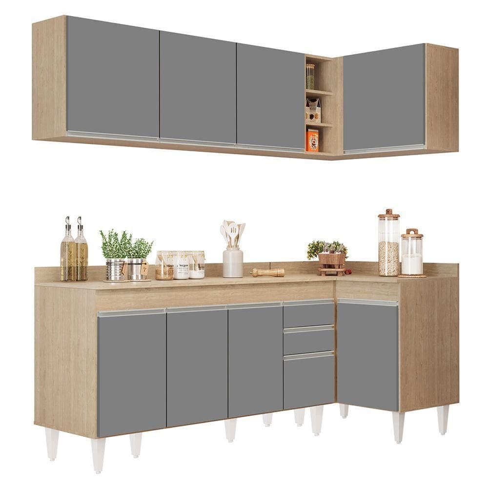 Armário De Cozinha Modulado De Canto Esquerdo 4 Peças Cp50 Balcão Com Tampo Castanho/cinza - Lumil
