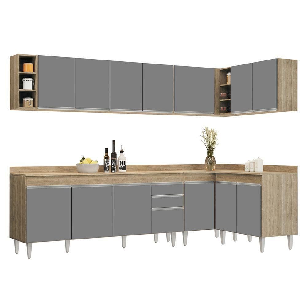Armário De Cozinha Modulado De Canto 7 Peças Cp35 Balcão Com Tampo Castanho-cinza - Lumil