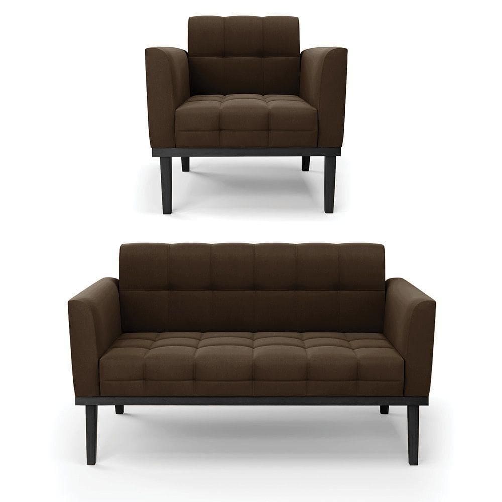 Sofá Namoradeira E Poltrona Base De Madeira Preto Elisa Suede D03 - D`rossi Cor Marrom