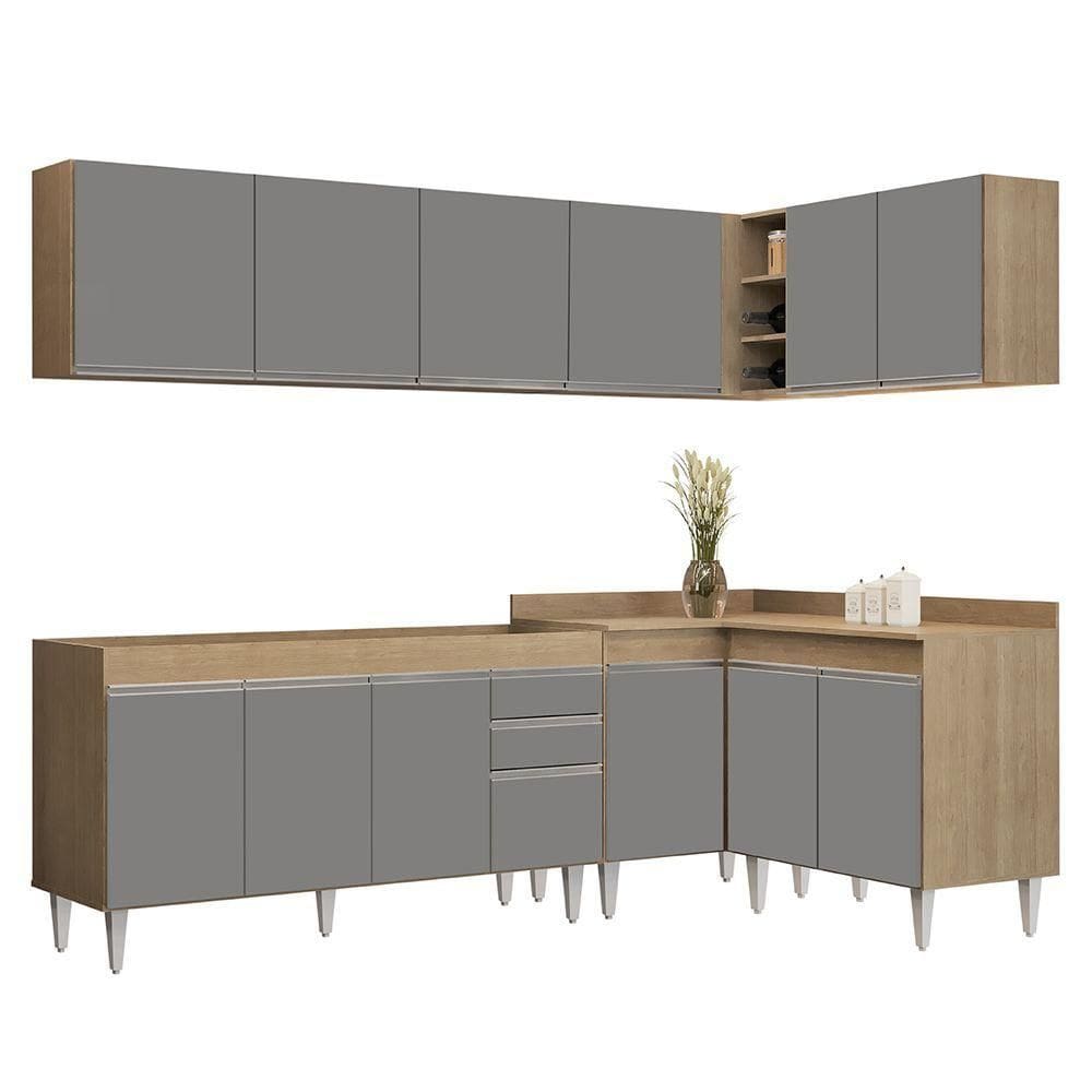 Armário De Cozinha Modulado De Canto 6 Peças Cp31 Balcão Sem Tampo Castanho-cinza - Lumil