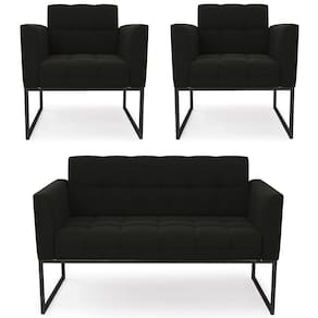 Sofá Namoradeira E 2 Poltronas Base Industrial Preto Ana Suede Preto